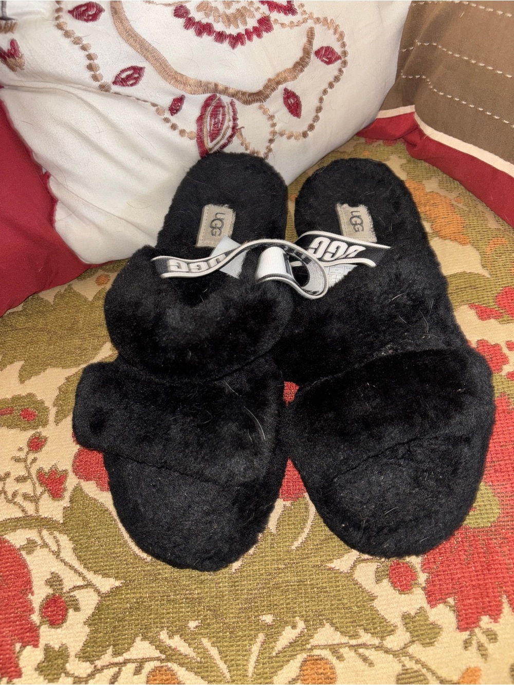UGG Black Plush Crossband Slide Slippers